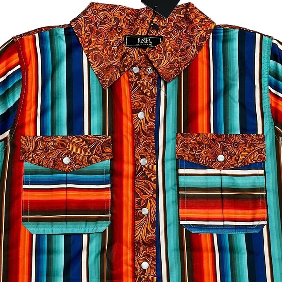NWT $79 Lucky & Blessed L&B Blouse Size Small Southwestern Turquoise Serape Snap - Picture 7 of 16